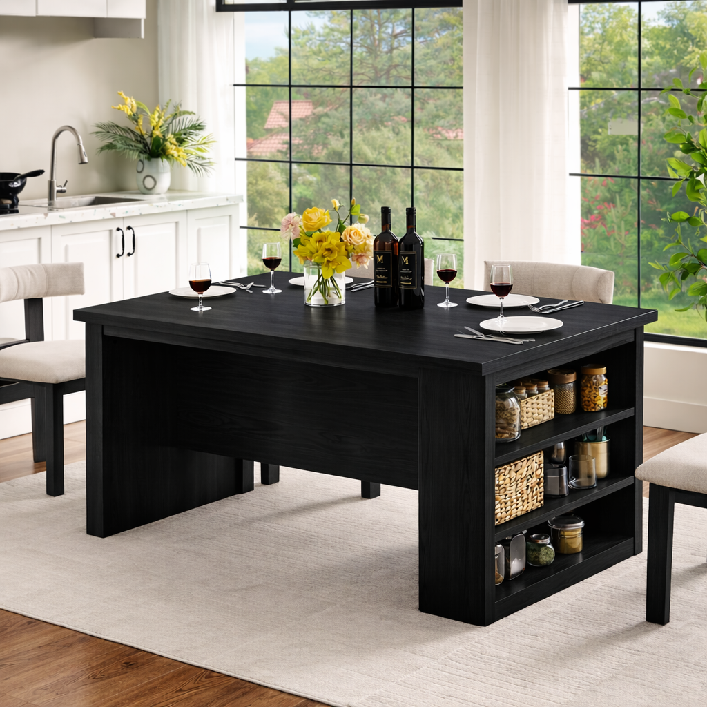 Large Kitchen Island with Side Shelves, Modern Prep Table, Storage Island for Dining Space