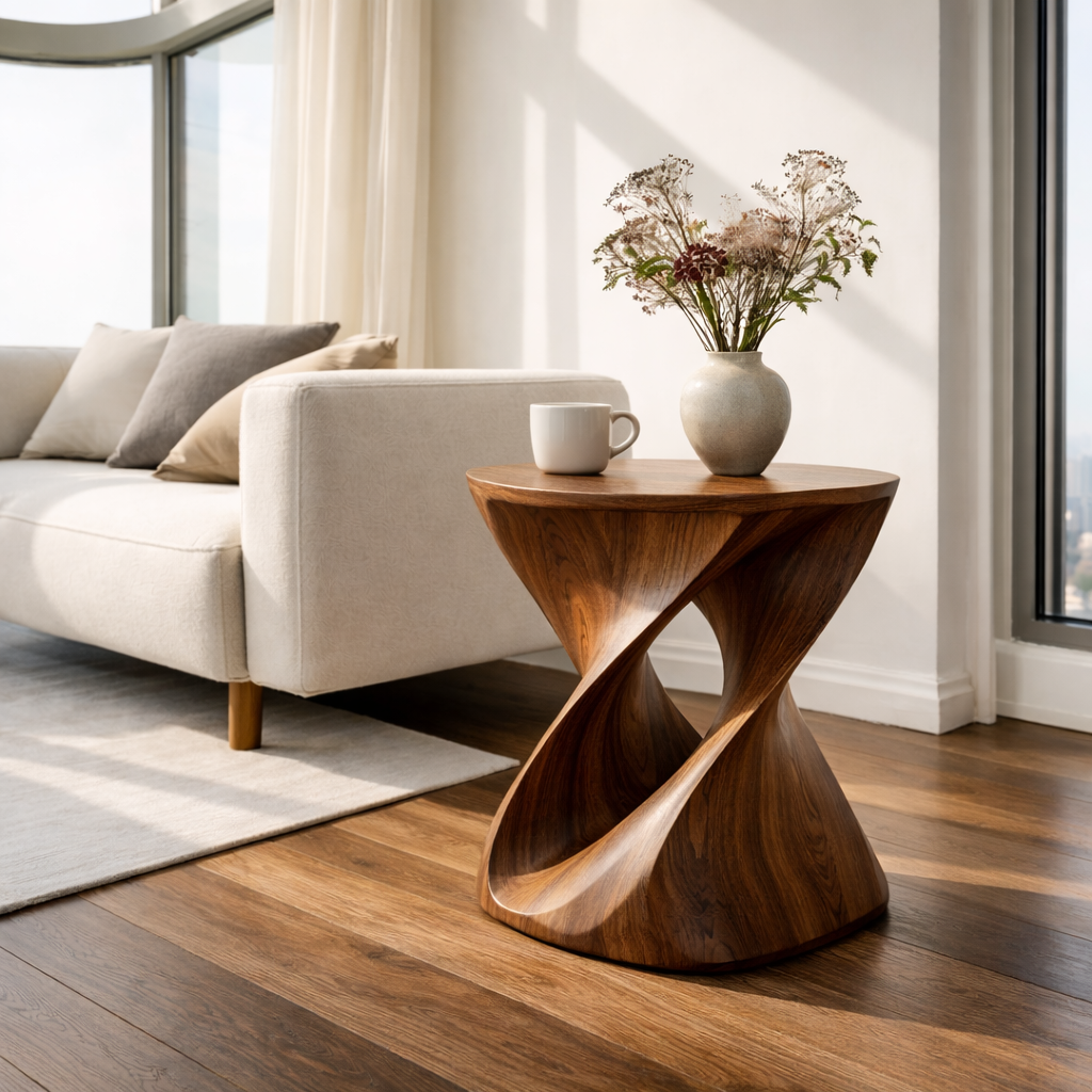 Modern Sculptural Solid Wood End Table – Artistic Curved Side Table for Living Room