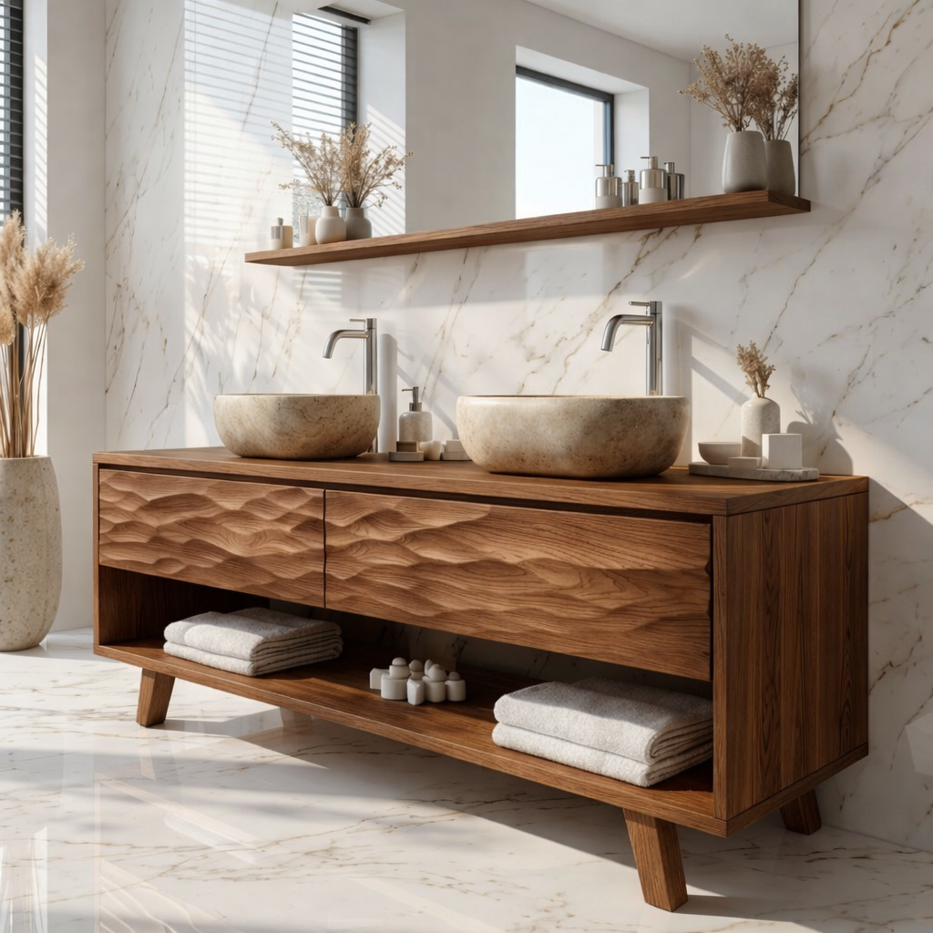 Modern Solid Wood Double Bathroom Vanity with Textured Front and Open Shelf Storage