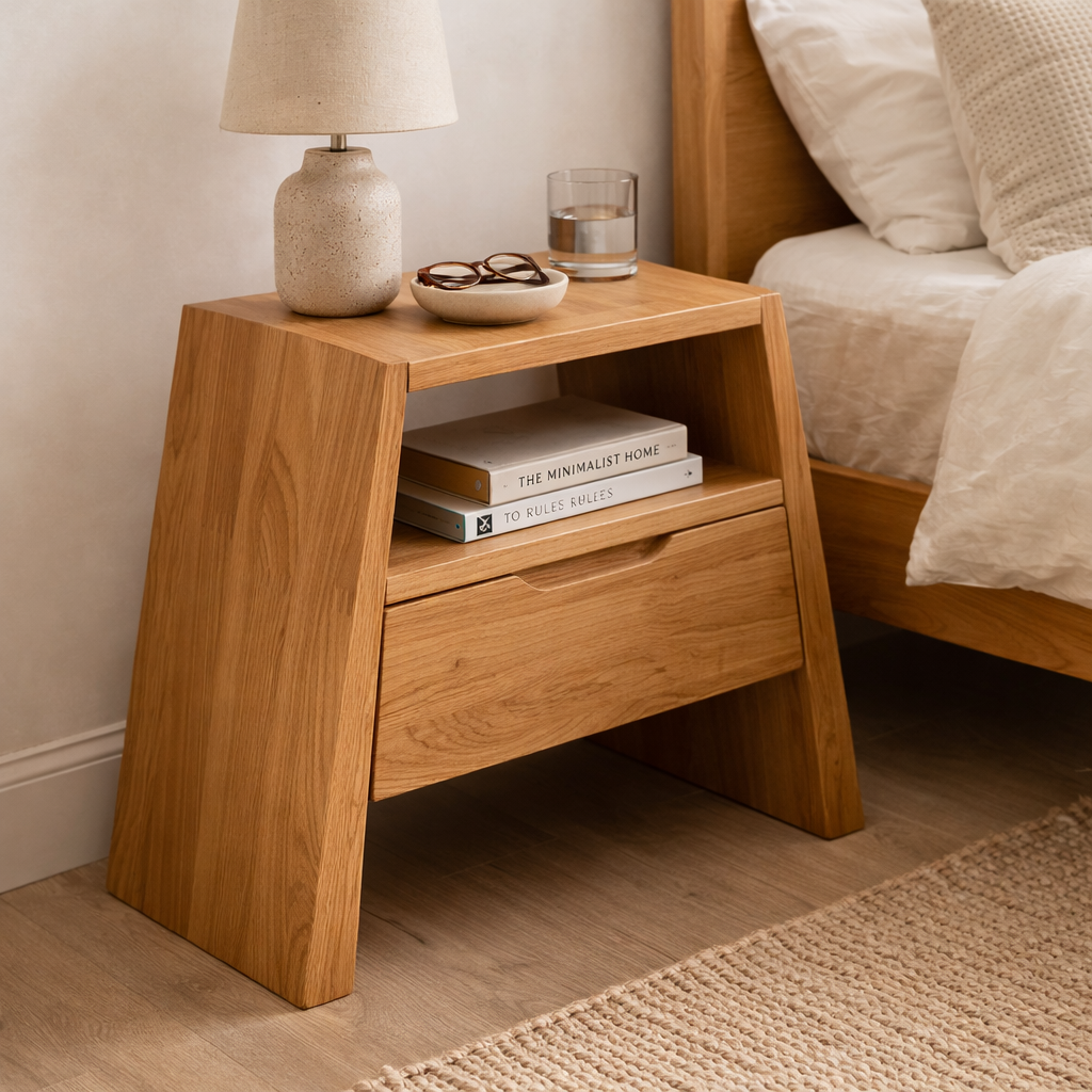Solid Wood End Table with Drawer and Open Shelf – Modern Angled Bedside Table