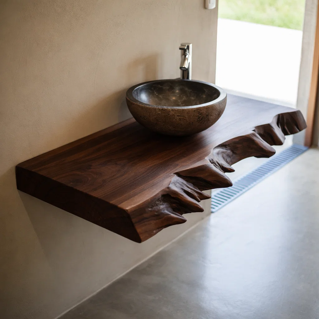 Live Edge Solid Wood Floating Bathroom Vanity β Rustic Wall Mounted Vanity Top
