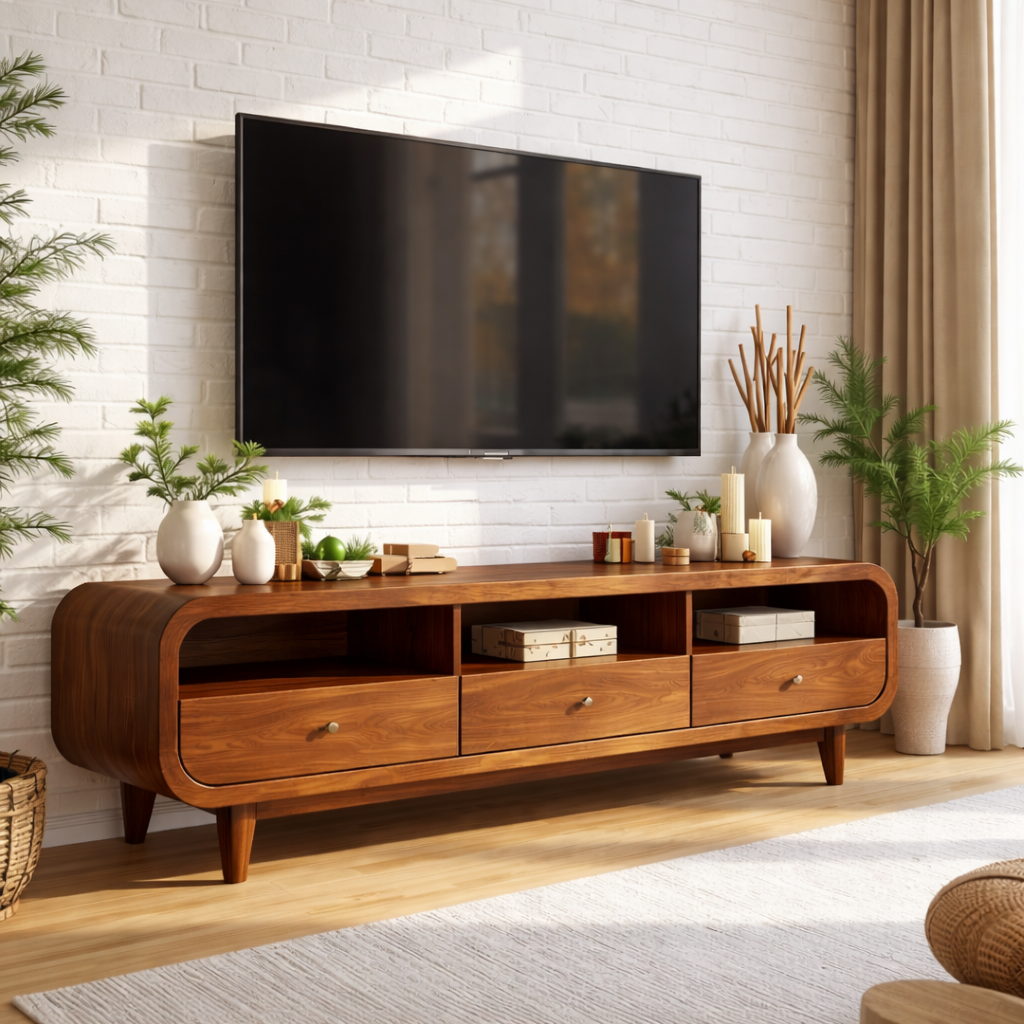 Mid Century Walnut TV Stand Solid Wood Media Console Modern Entertainment Center Cabinet