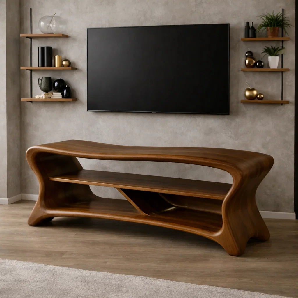 Sculptural Solid Wood TV Console – Modern Wooden Media Stand with Storage Shelf