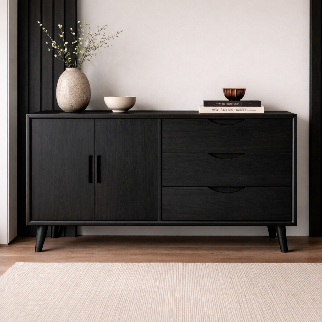Solid Wood Console Cabinet with Drawers and Doors – Modern Storage Sideboard