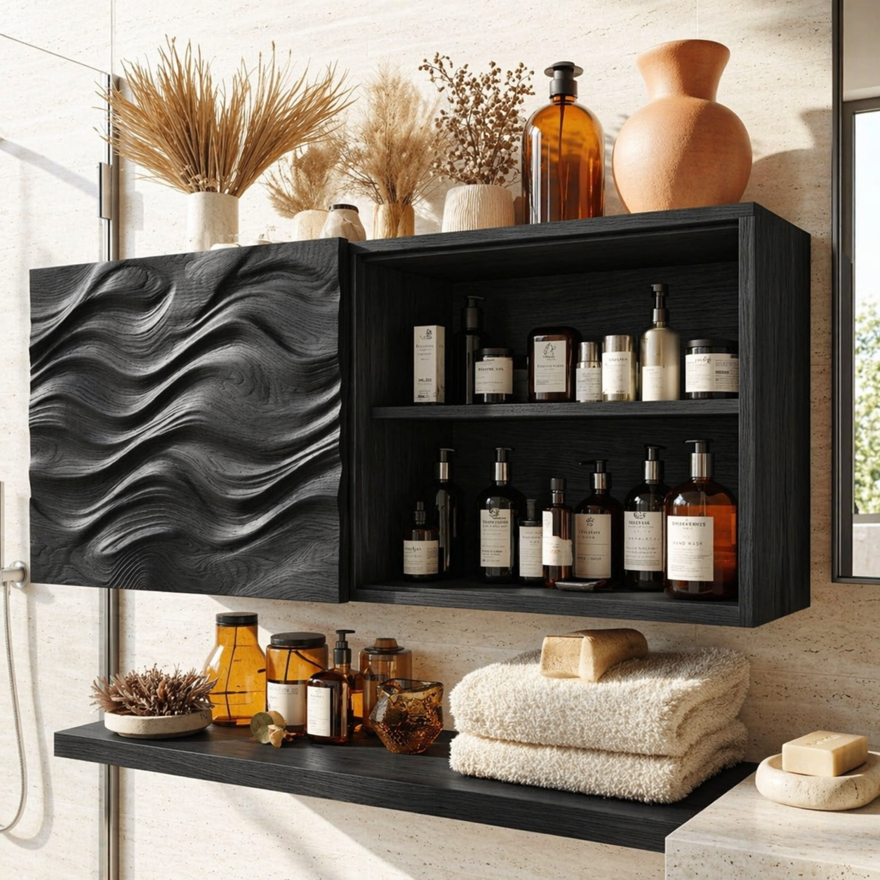 Floating Bathroom Cabinet, Modern Wavy Wall Mounted Vanity Storage Shelf Organizer