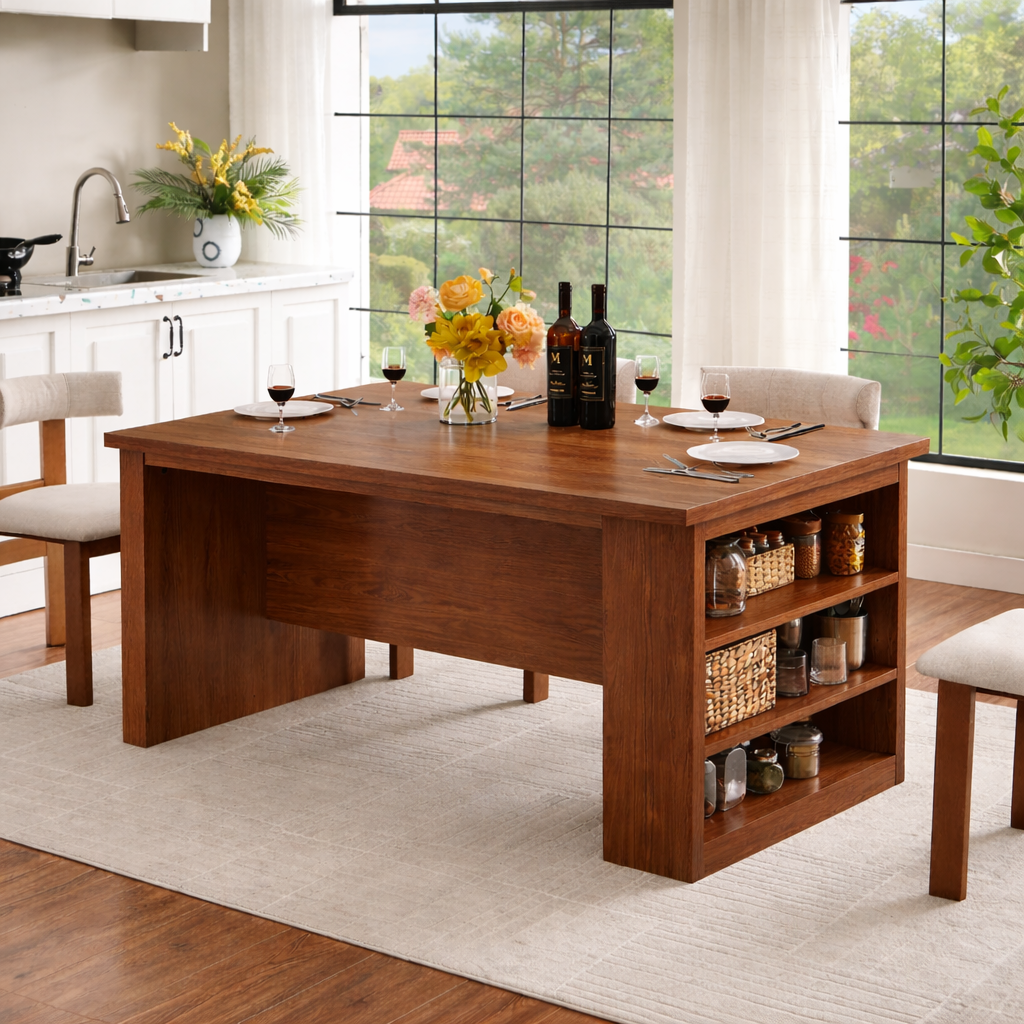 Large Kitchen Island with Side Shelves, Modern Prep Table, Storage Island for Dining Space