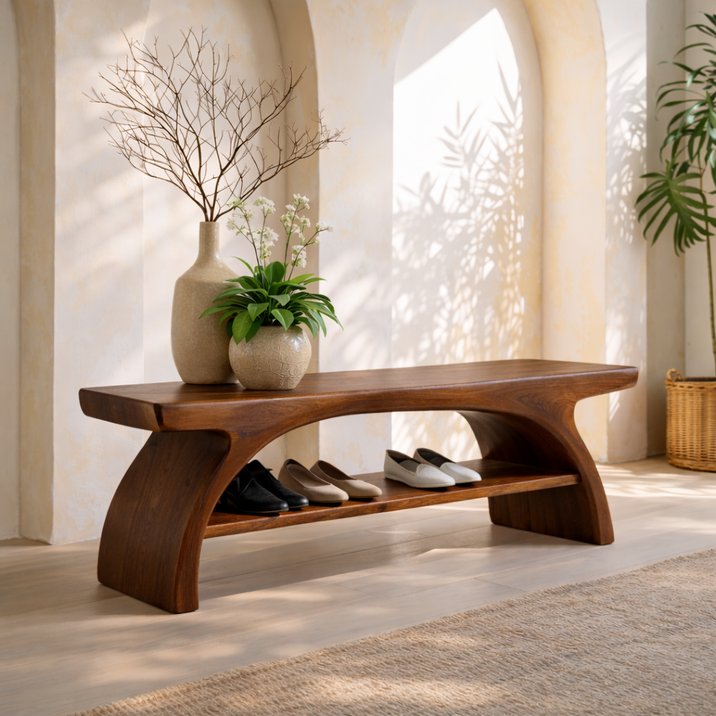 Sculptural Solid Wood Entryway Bench with Open Shoe Shelf