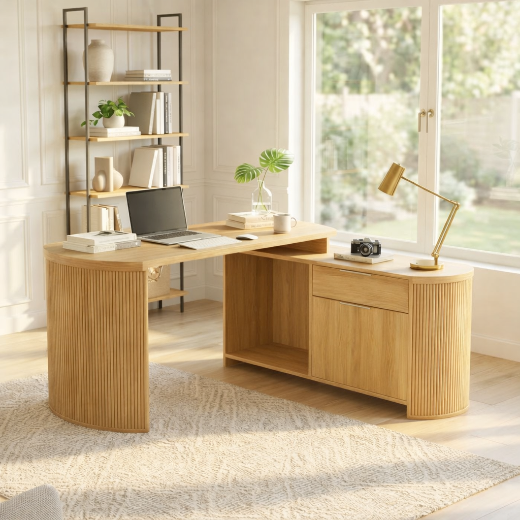 Modern L-Shaped Desk with Elegant Wood Finish for Home Office or Study