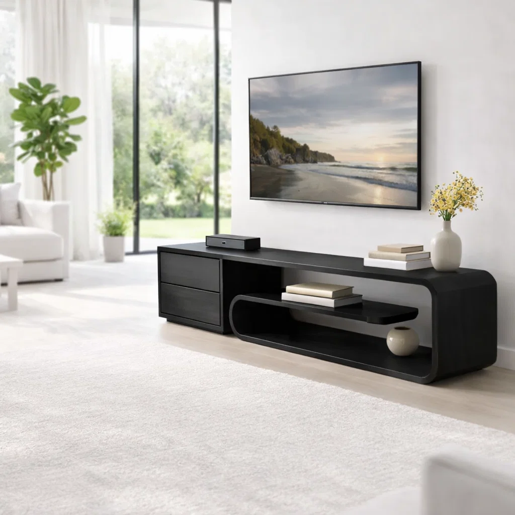 Solid Wood Media Console with Curved Shelf & Drawer, Modern Low TV Stand