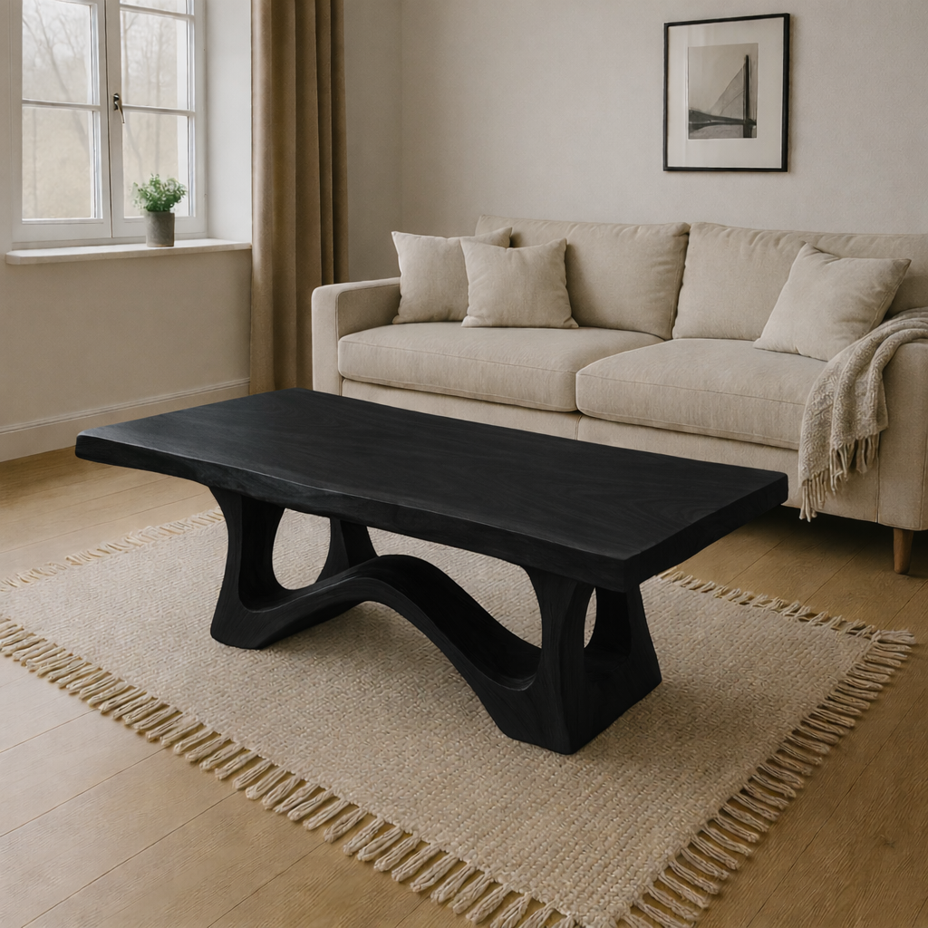 Modern Wooden Coffee Table with Curved Base – Solid Wood Living Room Center Table