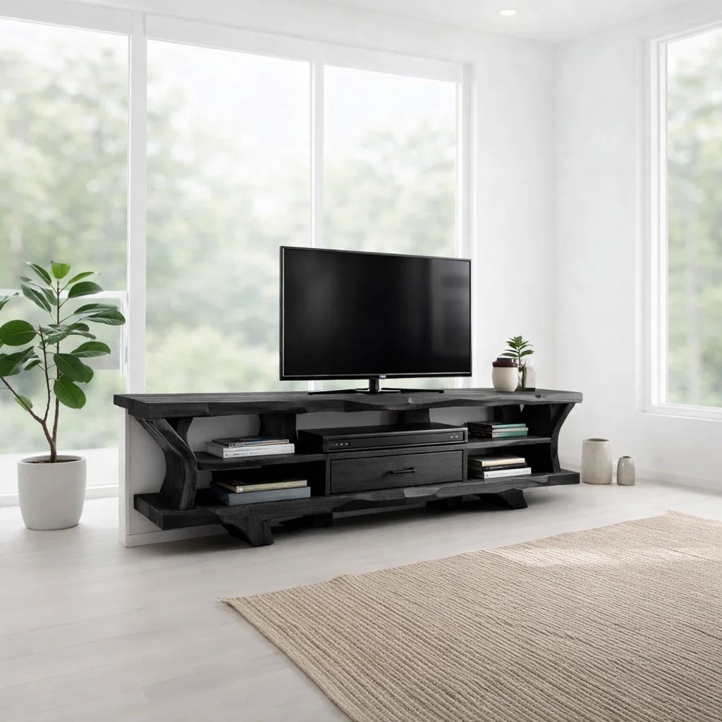 Solid Wood TV Console with Live Edge – Rustic Modern Media Stand with Storage