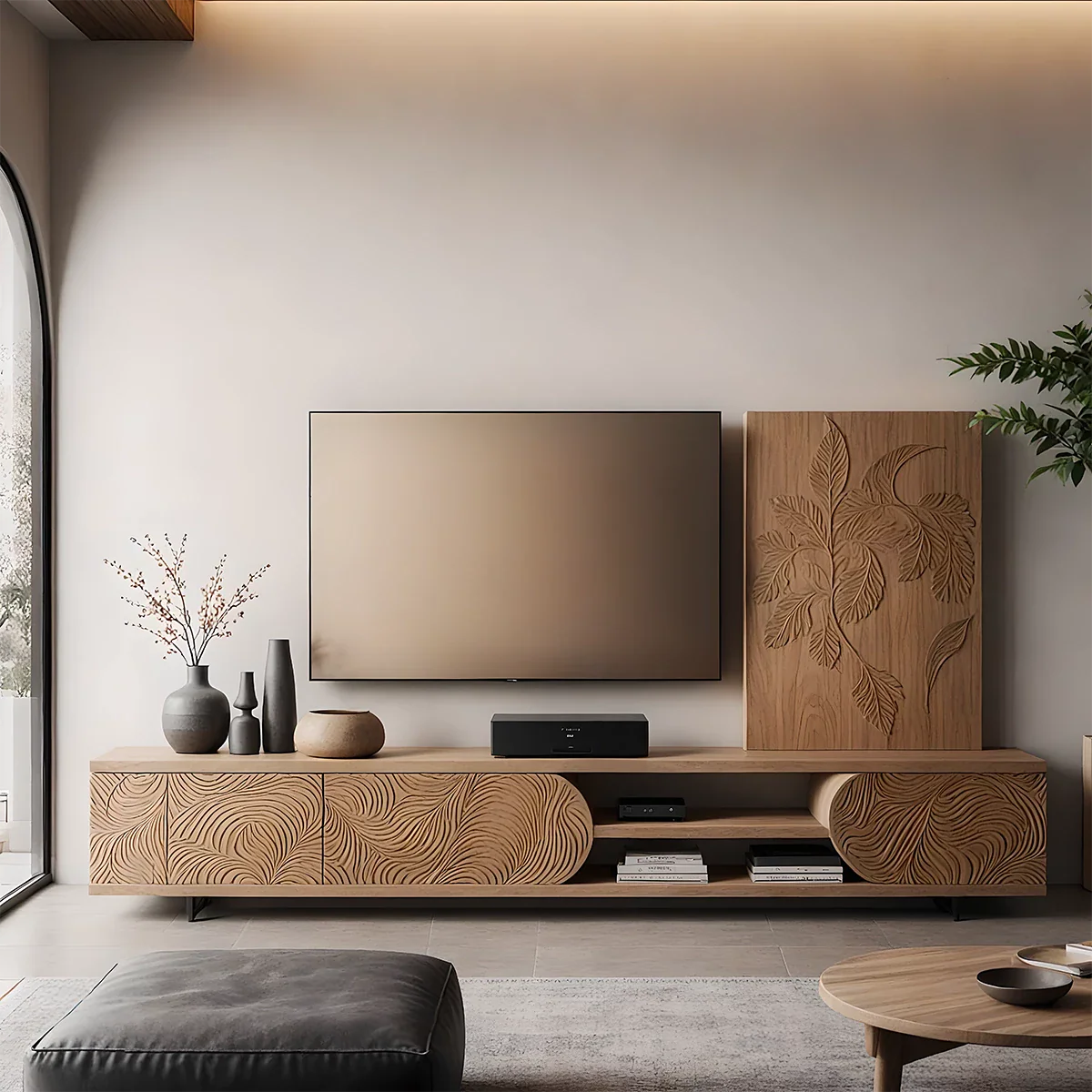 Solid Wood TV Stand Modern Media Console with Carved Front Storage Cabinet