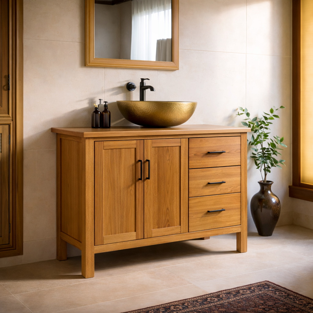 Solid Wood Bathroom Vanity with 3 Drawers and Double Door Cabinet for Storage