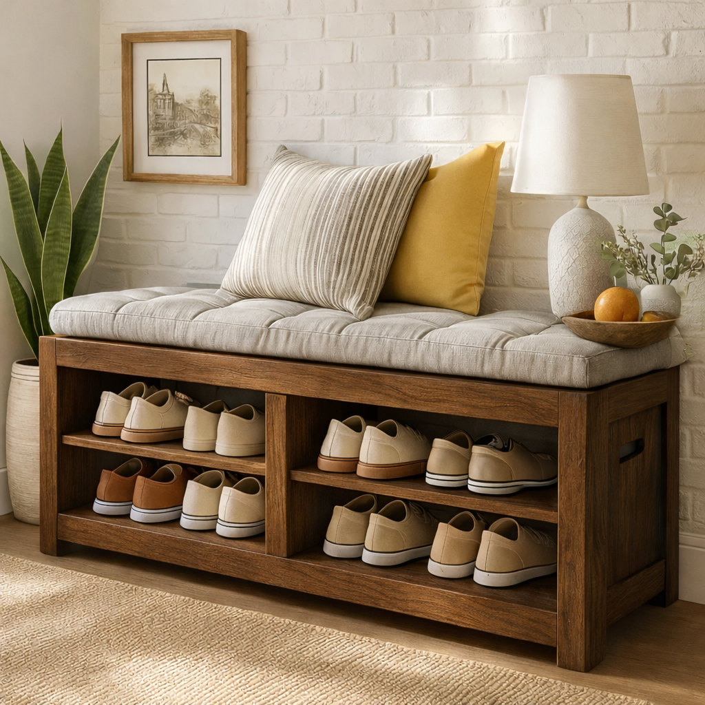 Solid Wood Entryway Bench with Shoe Storage Shelves, Rustic Hallway Organizer