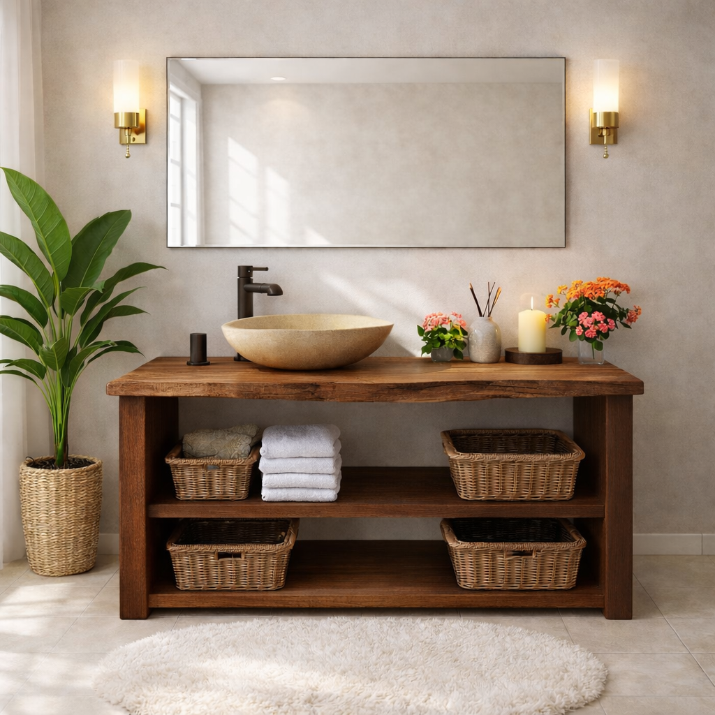 Rustic Wooden Bathroom Vanity with Open Shelves and Modern Faucet