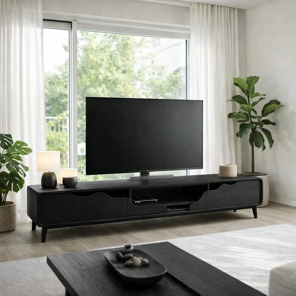 Solid Wood TV Console with Curved Design & Storage – Modern Media Unit