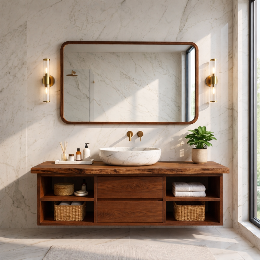 Floating Bathroom Vanity with Natural Wood and Modern Design, Spacious Storage