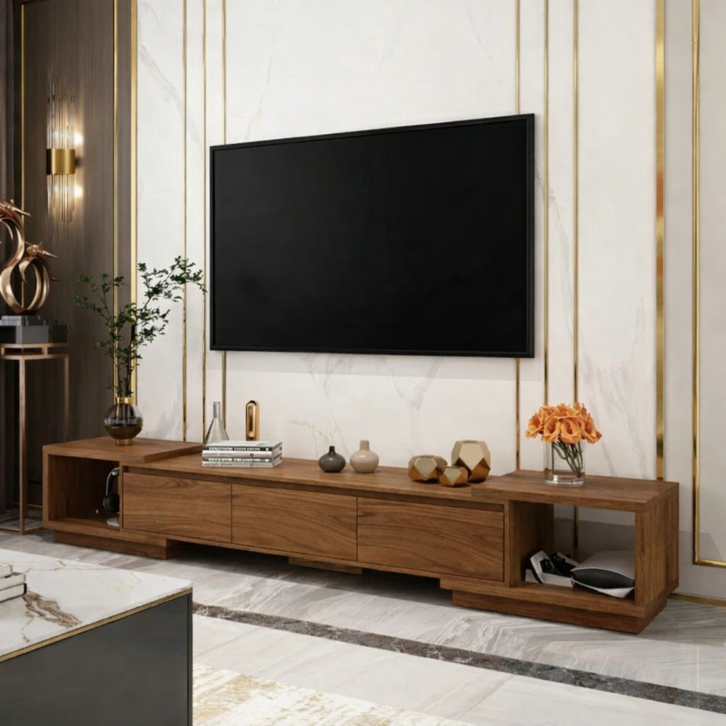 Handcrafted Solid Wood TV Stand with Storage Shelves Low Profile Media Console