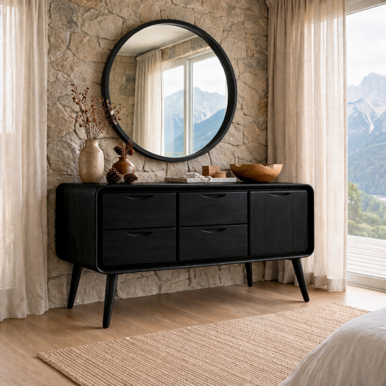 Solid Wood Makeup Vanity with 4 Drawers | Mid-Century Modern Design for Bedroom
