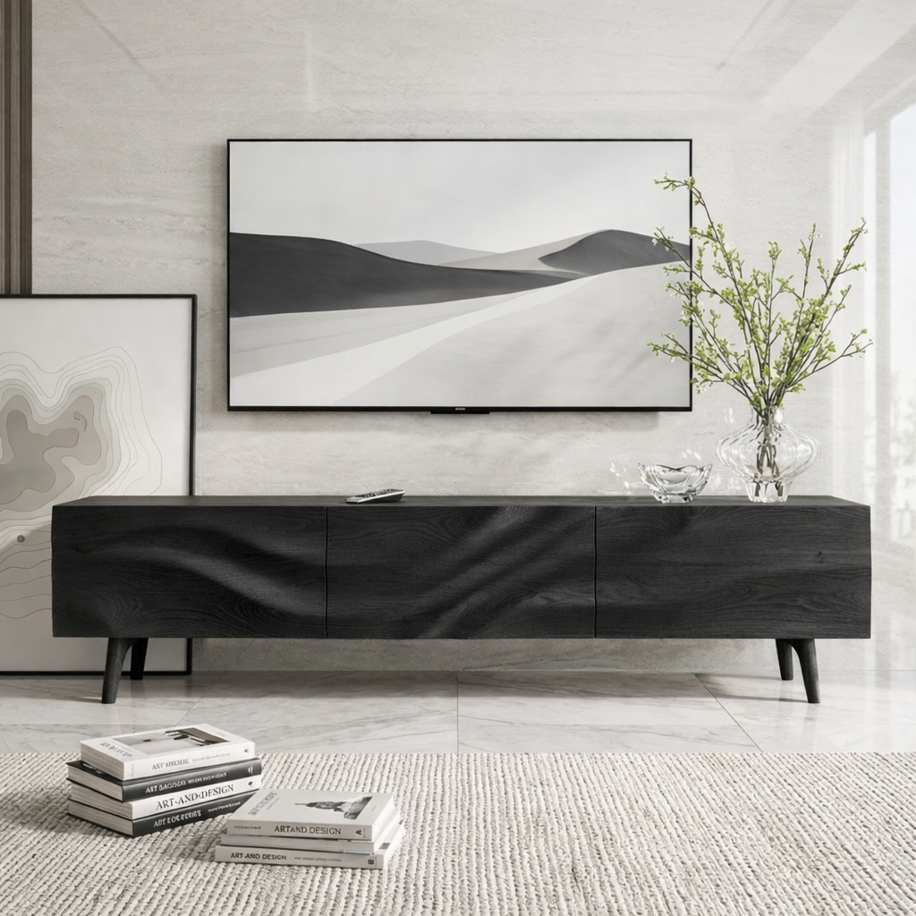 Solid Wood TV Stand, Natural-Grain Mid-Century Media Console Entertainment Center
