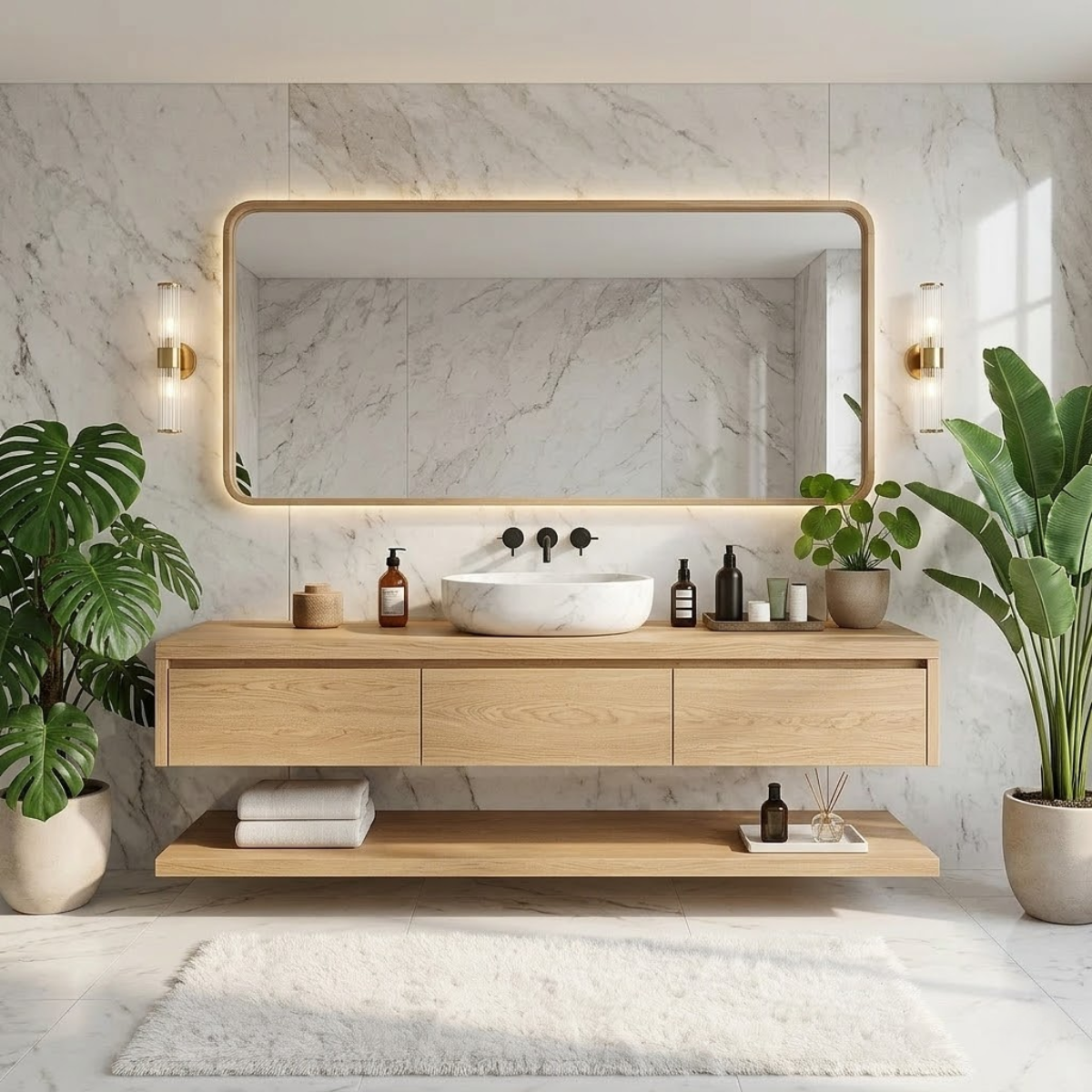 Modern Floating Vanity with Shelves, Oak Bathroom Storage Unit, Wall-Mounted Cabinet