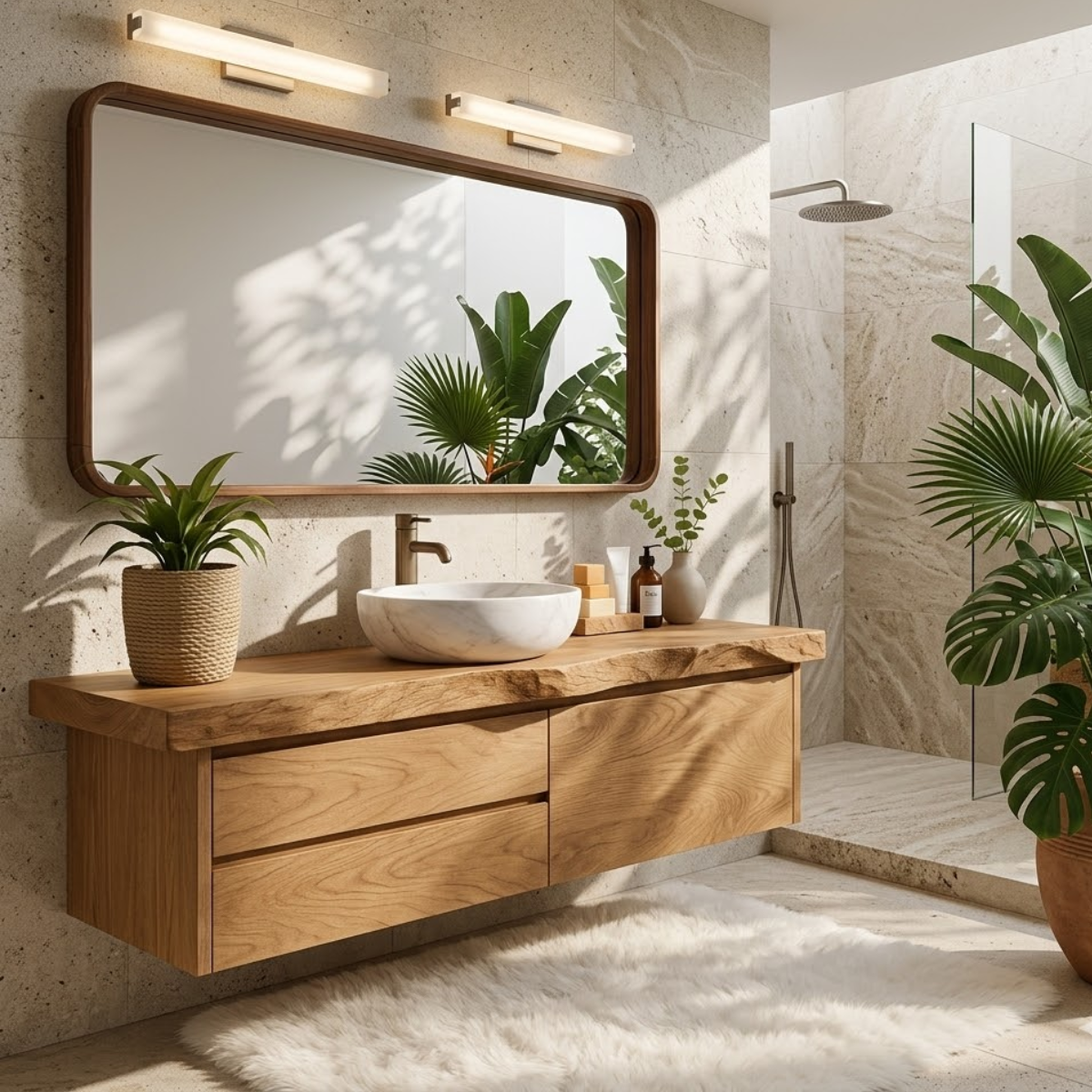 Natural Wood Floating Vanity, Modern Wall-Mounted Bathroom Cabinet with Storage, Minimalist Design