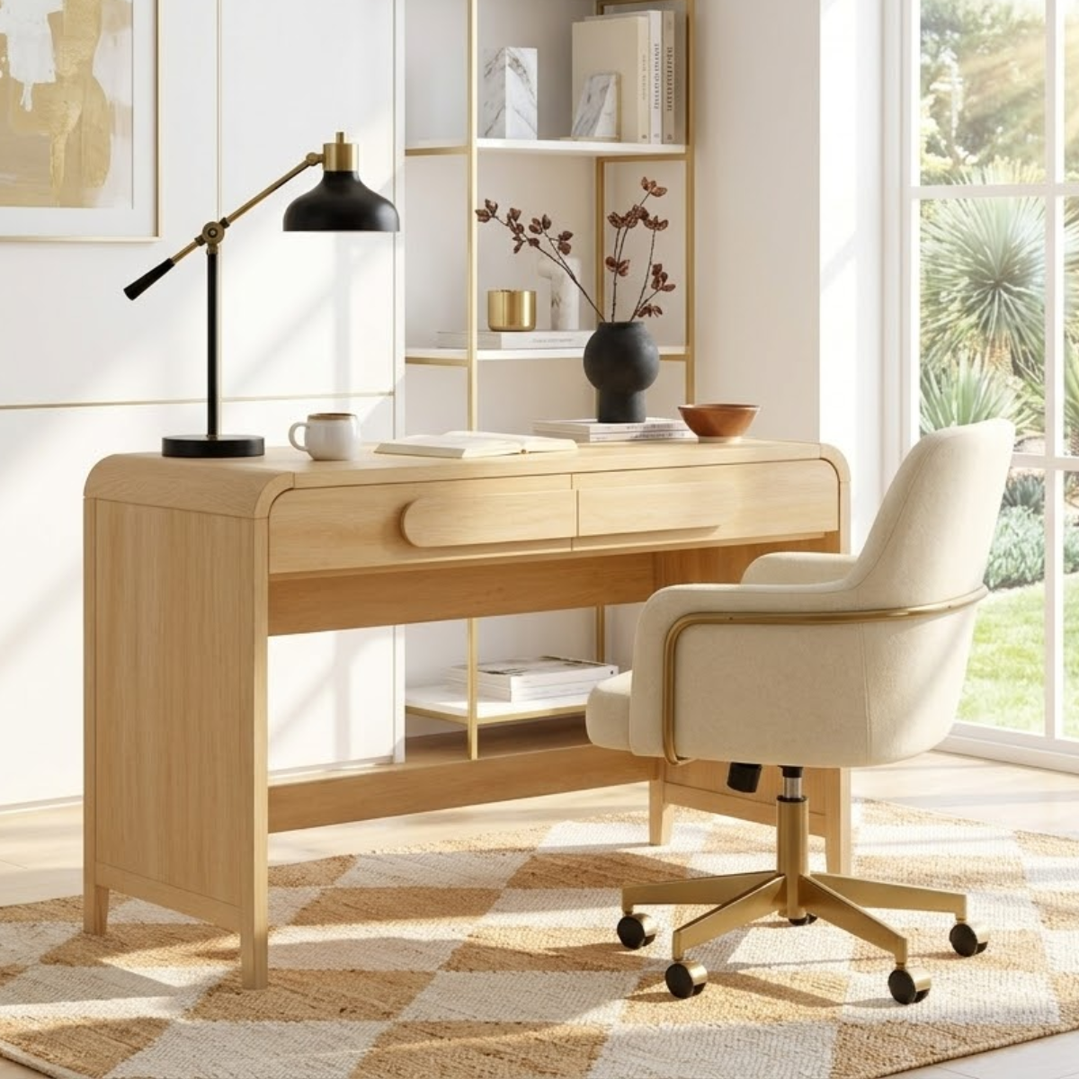 Modern Writing Desk with Storage Drawers and Open Shelf Home Office Desk