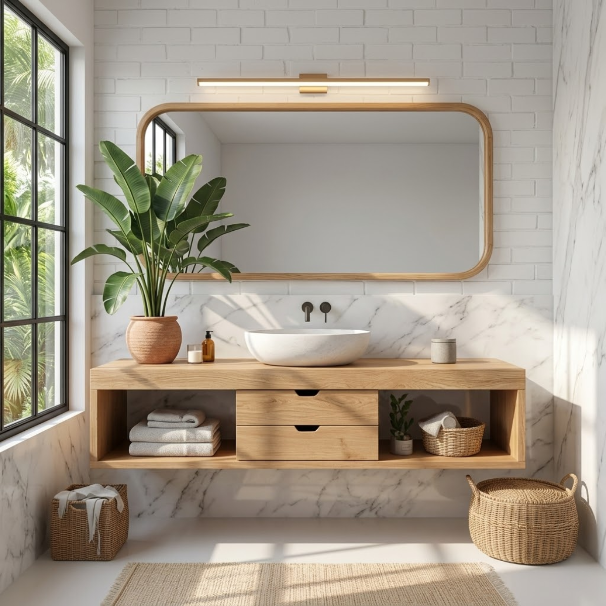 Sleek Oak Floating Vanity with Marble Sink and Ample Storage for Modern Bathrooms