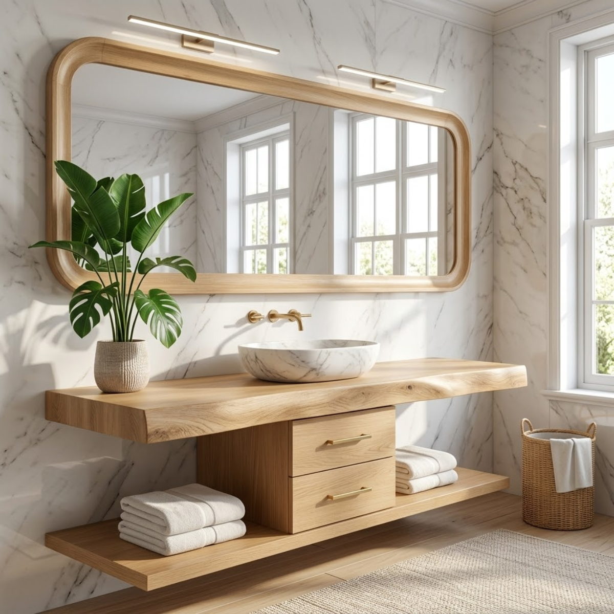 Luxury Floating Vanity with Walnut Wood, Large Storage, and Modern Design