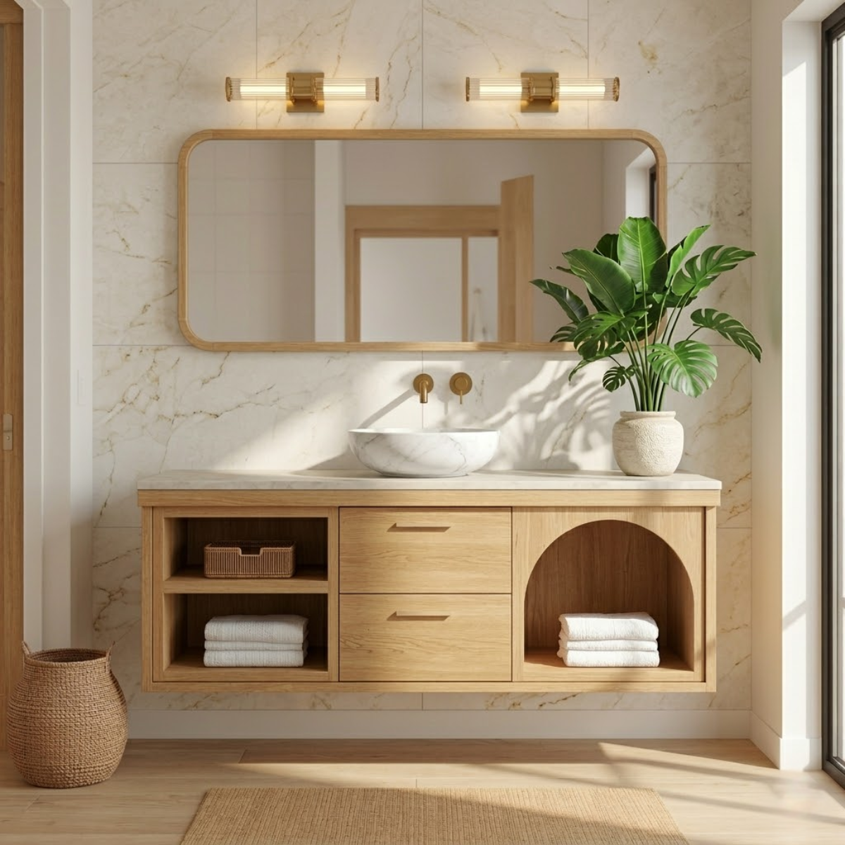 Modern Walnut Floating Vanity with Arched Shelf and Natural Finish