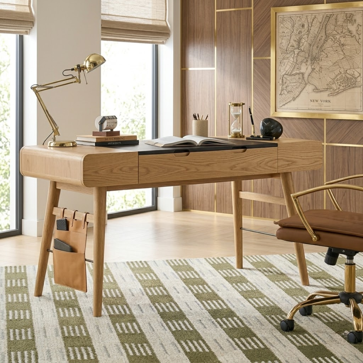 Modern Wooden Work Desk with Drawers and Storage