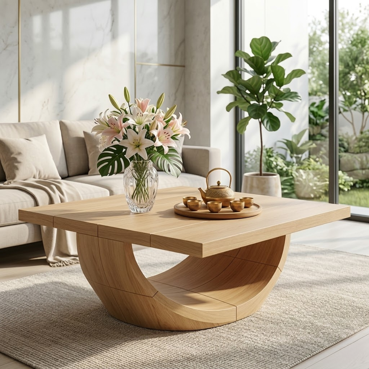 Unique Curved Wooden Coffee Table, Modern Minimalist Living Room Furniture