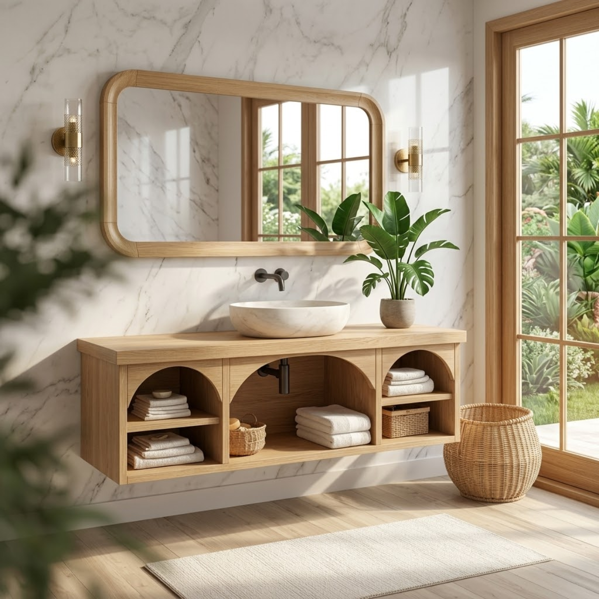 Solid Wood Floating Vanity with Arched Storage and Modern Design