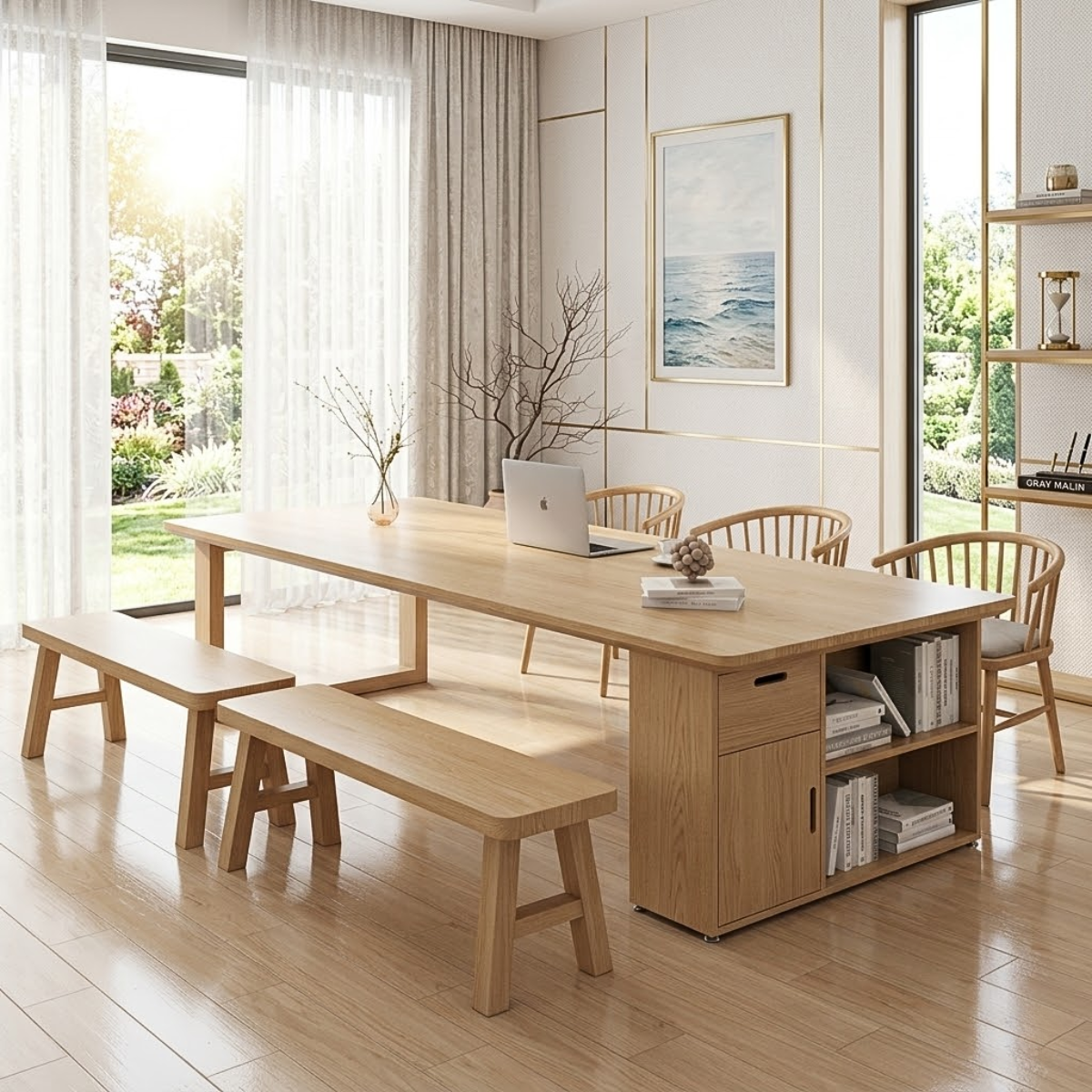 Modern Wooden Desk with Storage and Benches for Office or Home