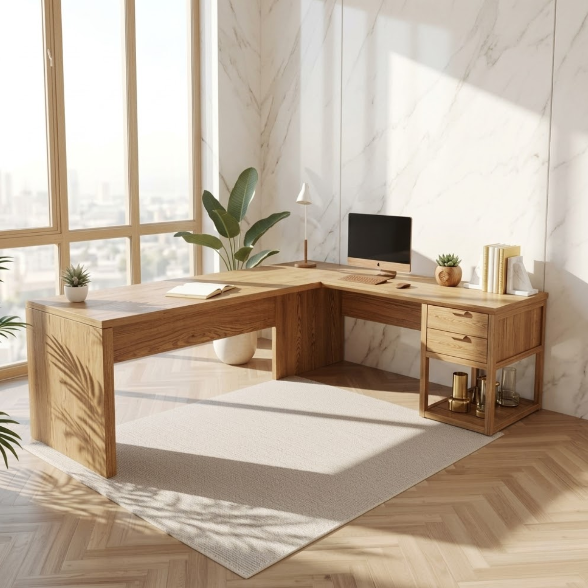 Modern L Shaped Desk with Drawers Home Office Corner Workstation Minimal Design Table