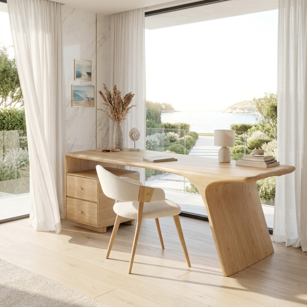 Modern Executive Writing Desk with Drawers and Shelf Home Office Work Table Design