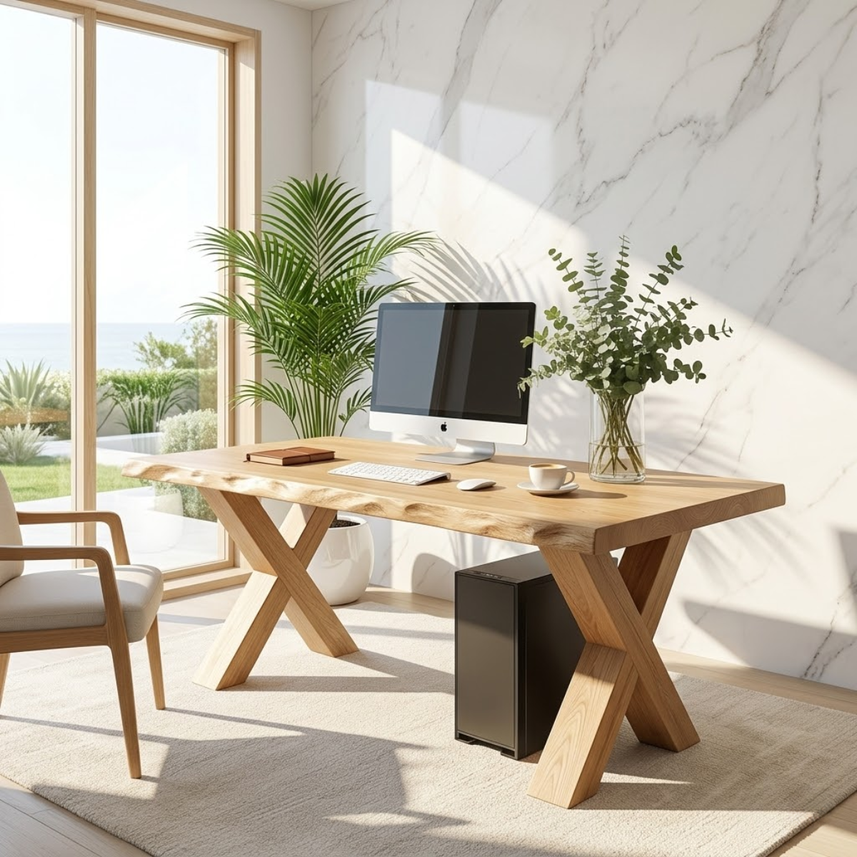 Live Edge X-Leg Desk Solid Wood Office Desk Modern Writing Desk Natural Wood Workspace