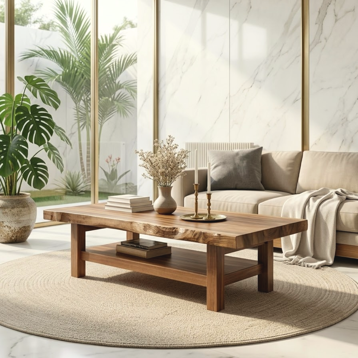 Handcrafted Solid Wood Coffee Table with Open Shelf and Natural Finish