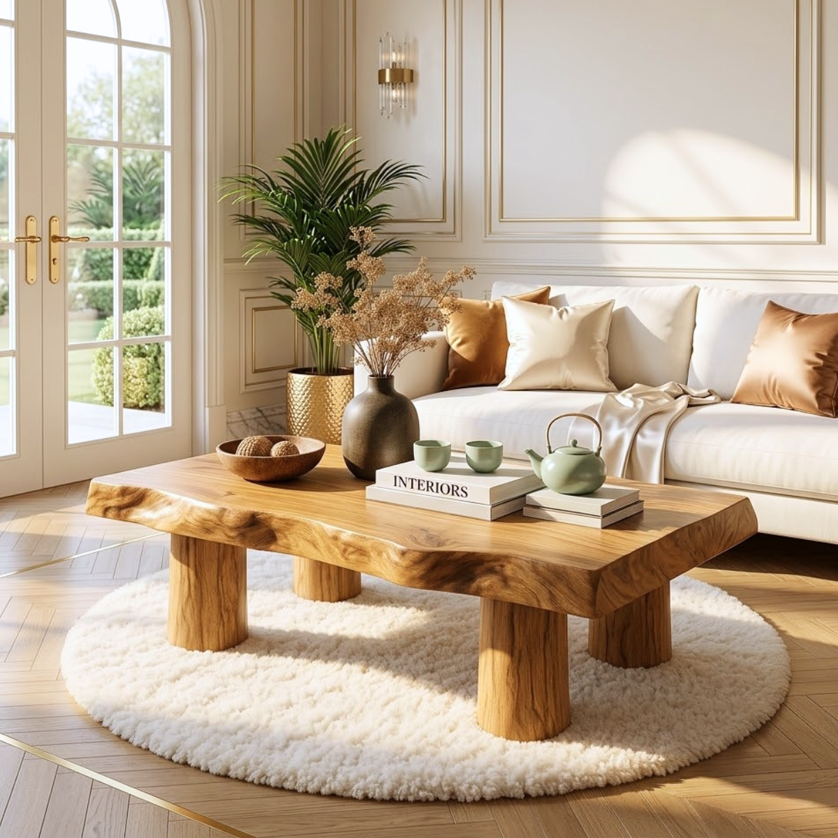 Handcrafted Wooden Coffee Table with Thick Pillar Legs and Natural Finish