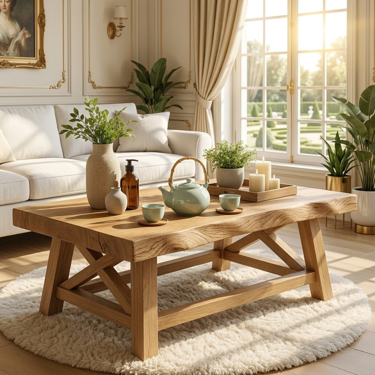 Handcrafted Wooden Coffee Table with X-Shaped Support, Natural Rustic Finish