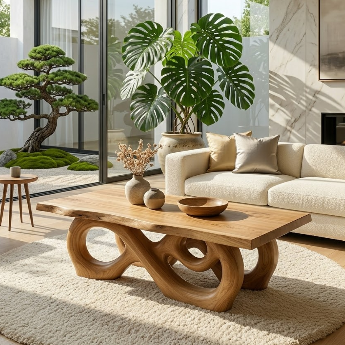 Sculptural Solid Wood Coffee Table with Artistic Carved Base, Modern Living Room Table