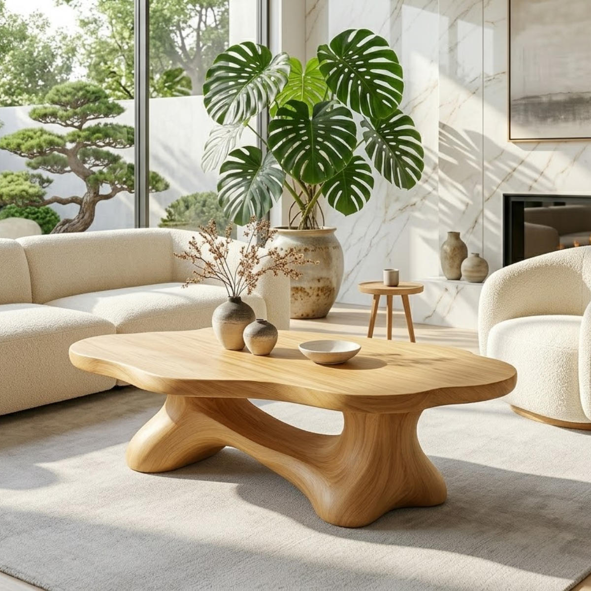 Solid Wood Sculptural Coffee Table with Organic Carved Base, Modern Designer Living Room Table