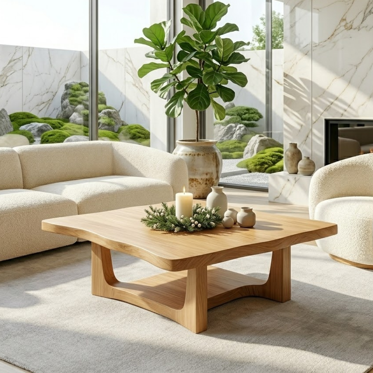 Solid Oak Coffee Table with Curved Edges and Open Base, Modern Japanese Style Living Room Table