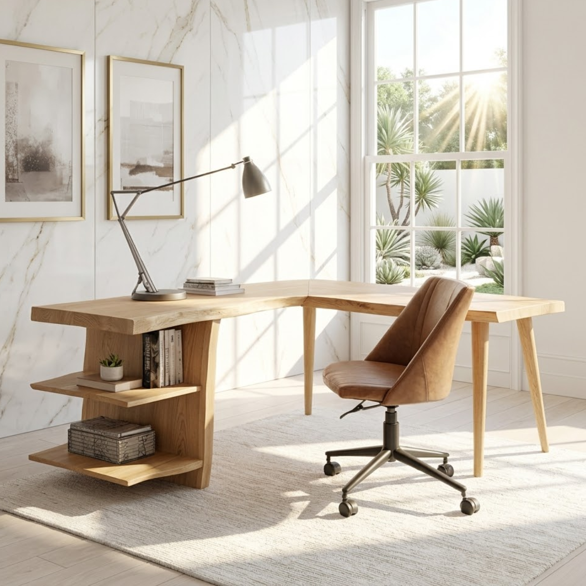 Modern L Shaped Writing Desk with Shelf Home Office Corner Workstation Table