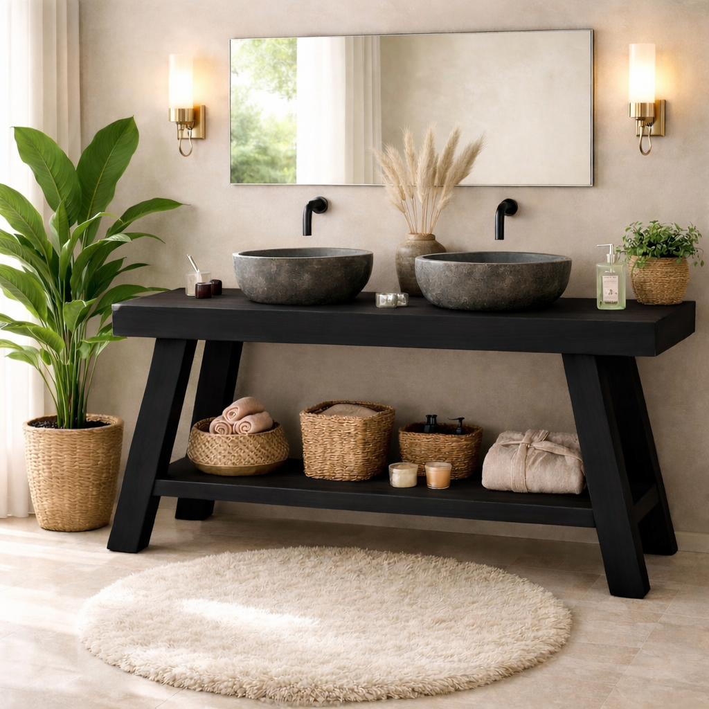 Rustic Double Sink Bathroom Vanity with Shelves Wooden Vanity Base
