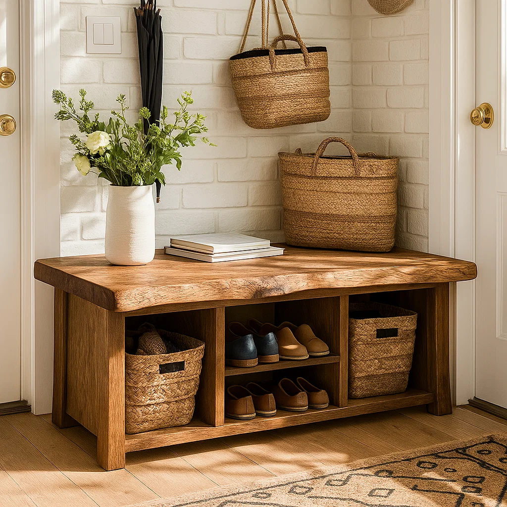 Solid Wood Entryway Bench with Storage Cubbies and Shoe Organizer Shelf