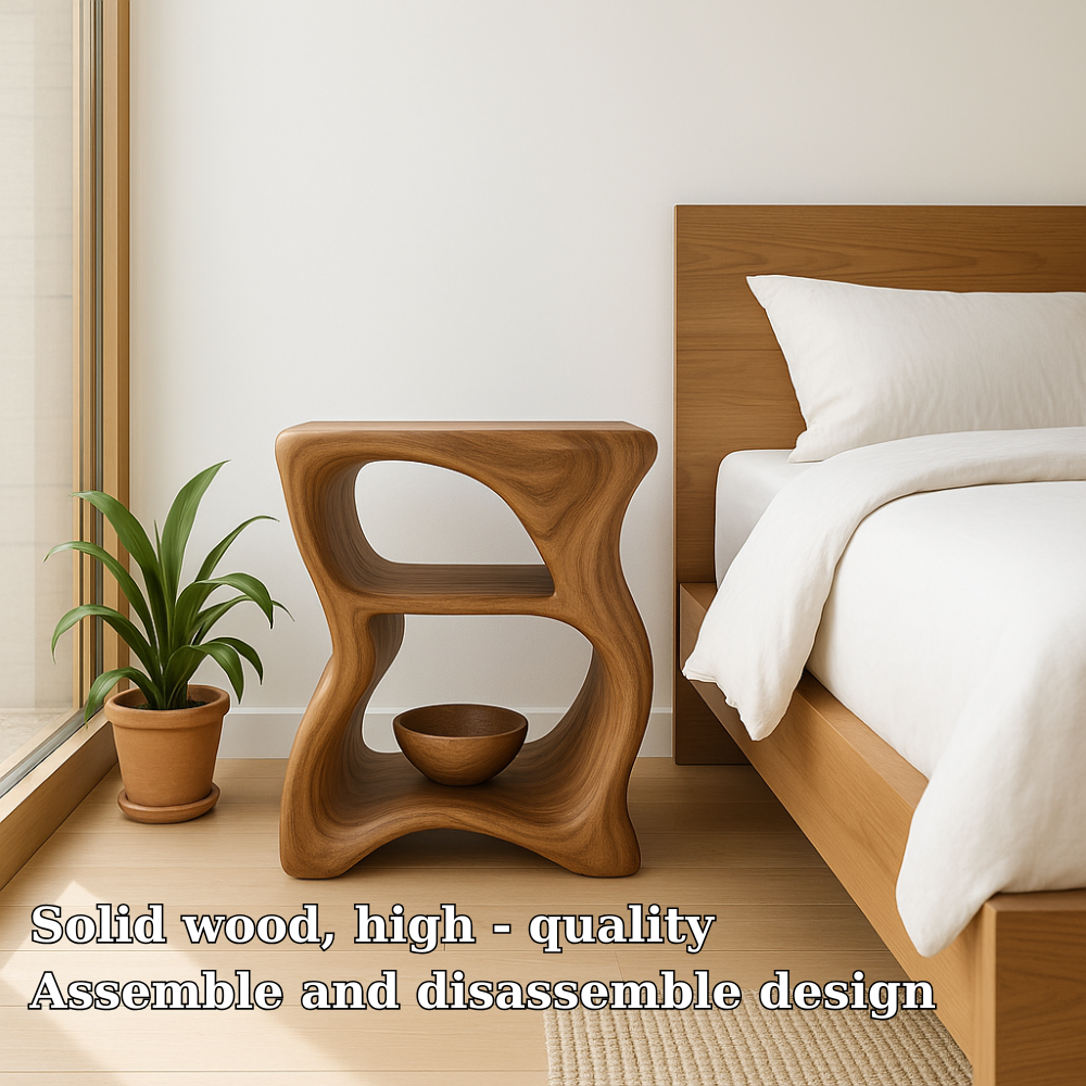 Modern Solid Wood Nightstand – Sculptural Wooden Bedside Table with Open Shelf