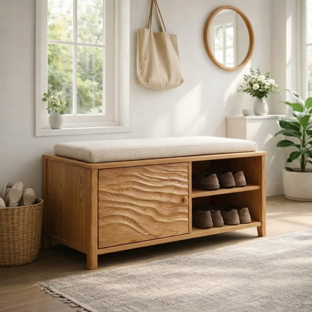 Solid Wood Shoe Bench with Cushion & Storage – Entryway Organizer with Shelf