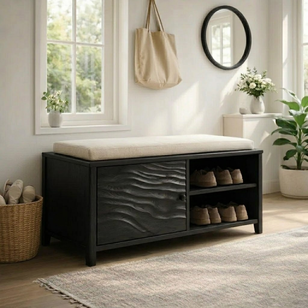 Solid Wood Shoe Bench with Cushion & Storage – Entryway Organizer with Shelf