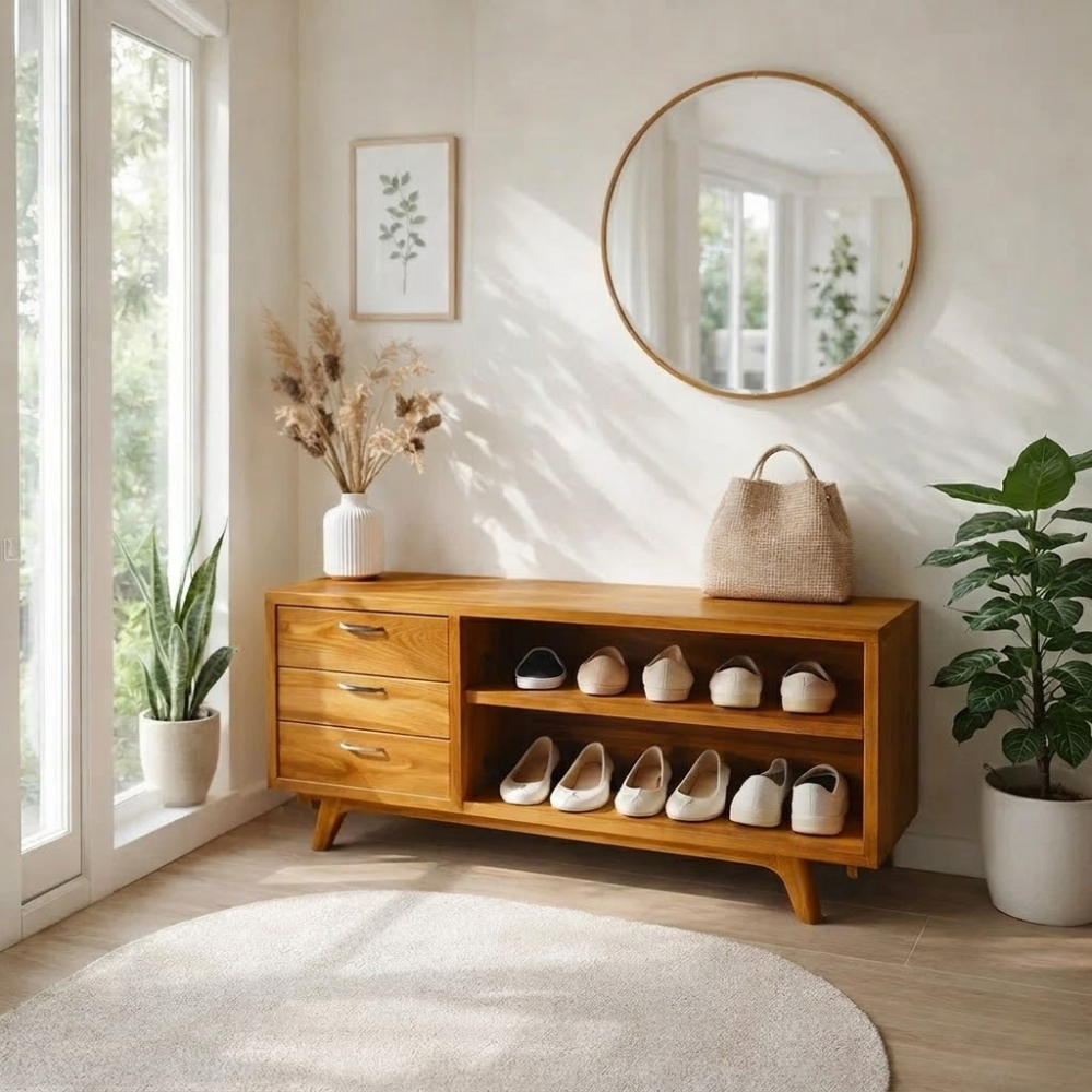 Solid Wood Shoe Bench with Drawers & Shelves – Entryway Storage Organizer